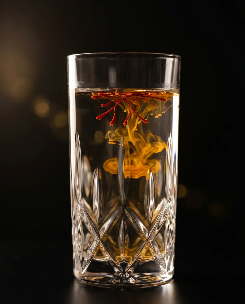 Real saffron threads blooming deep gold in a glass of warm water