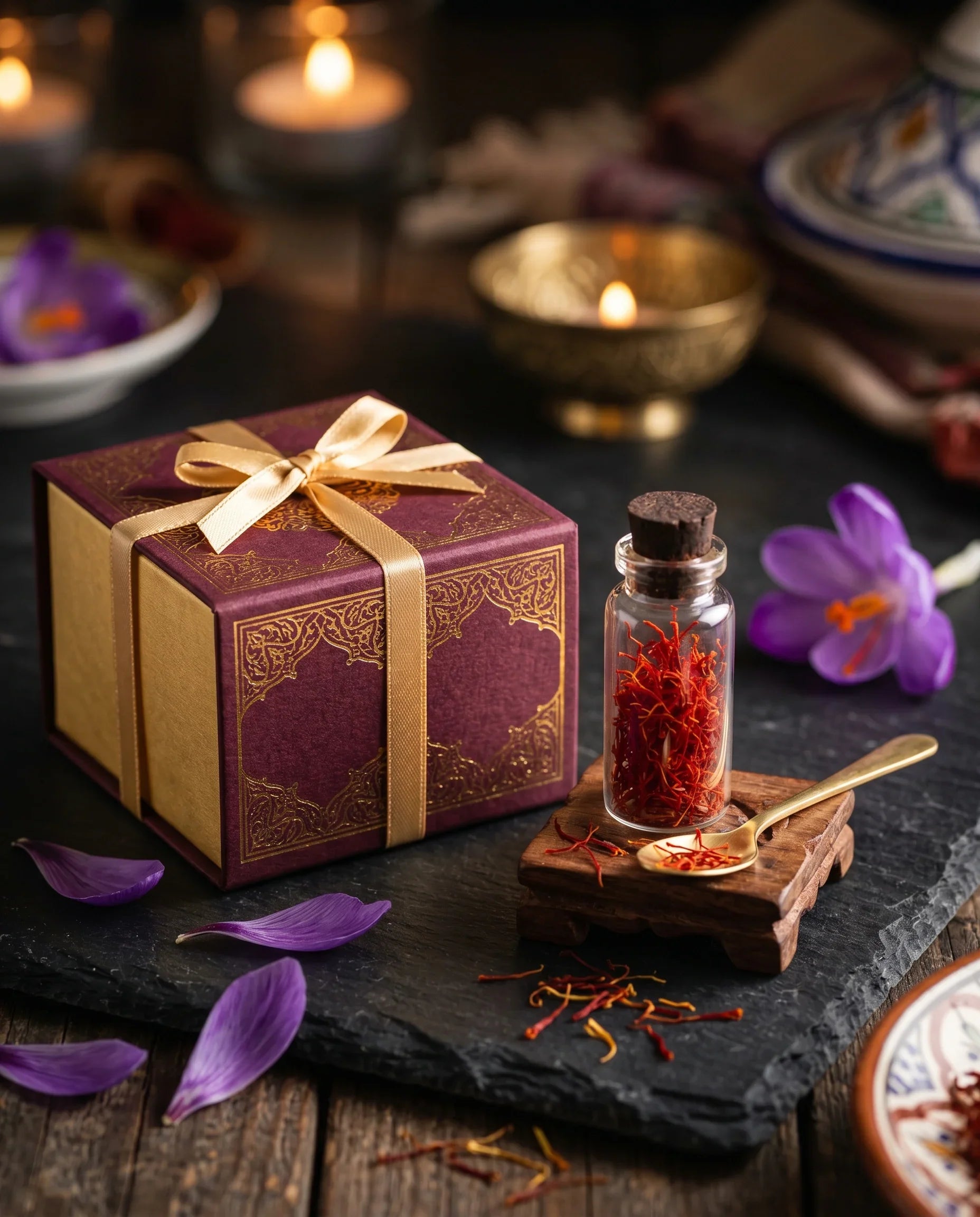 Raihan Saffron signature gift box, hand-wrapped in burgundy linen on a marble surface