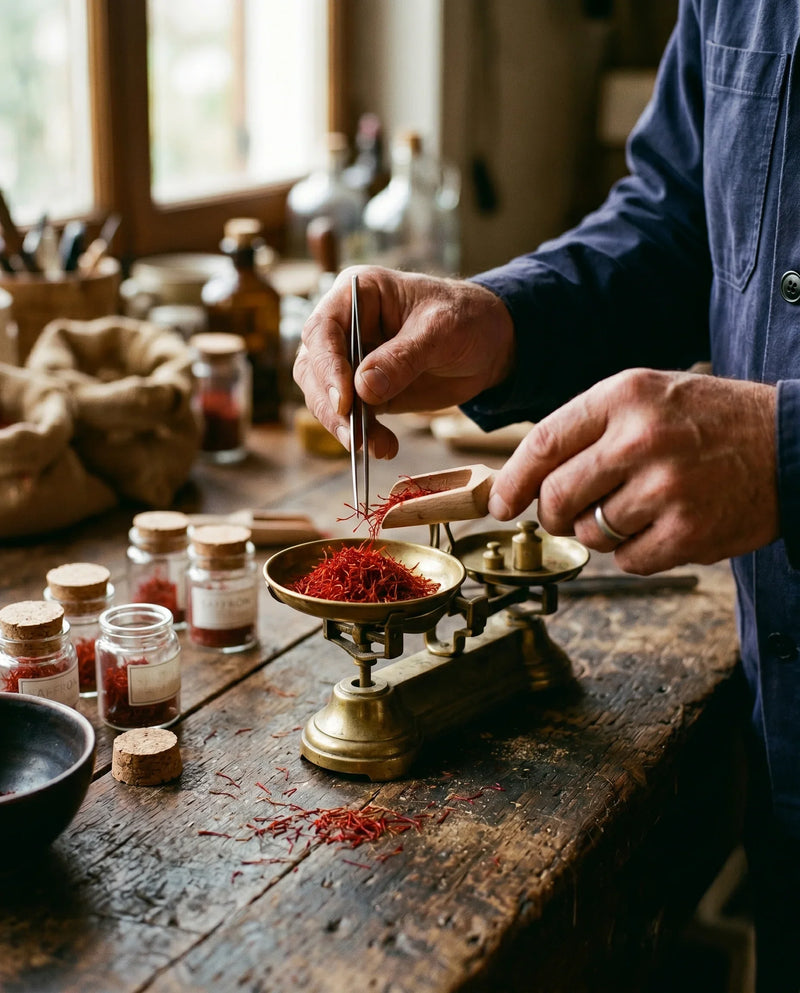 Sealed Raihan saffron bottle being hand-packed
