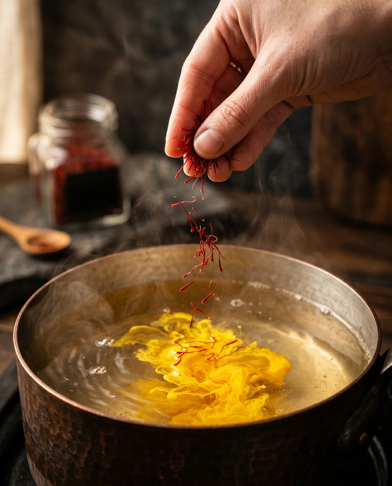 A pinch of Super Negin saffron threads held between fingertips