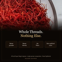 Whole all-red Super Negin saffron threads — never powder, never blends, no fillers, zero artificial color
