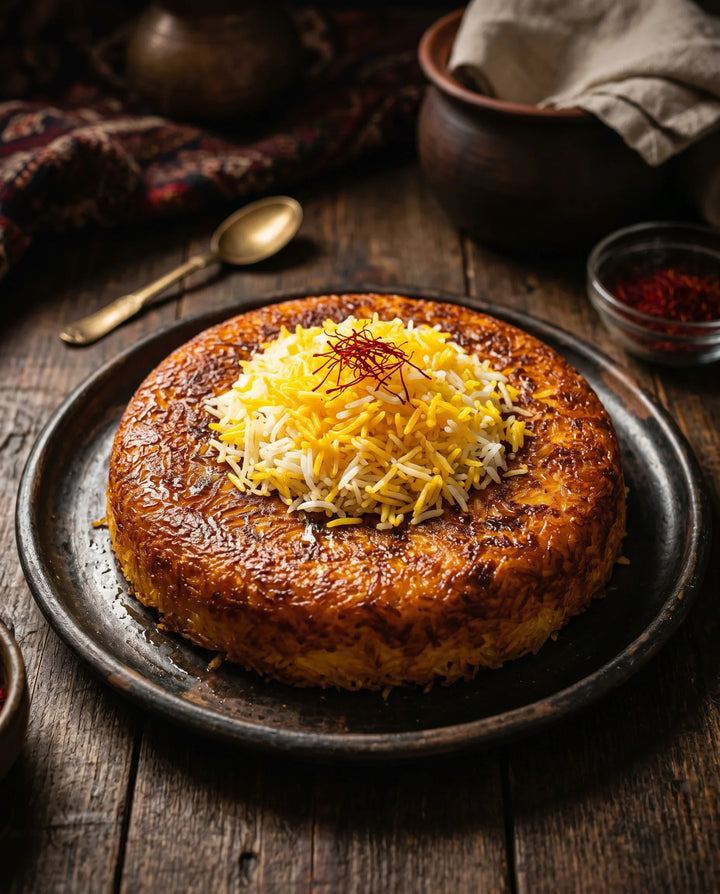 Persian saffron rice with a golden tahdig crust