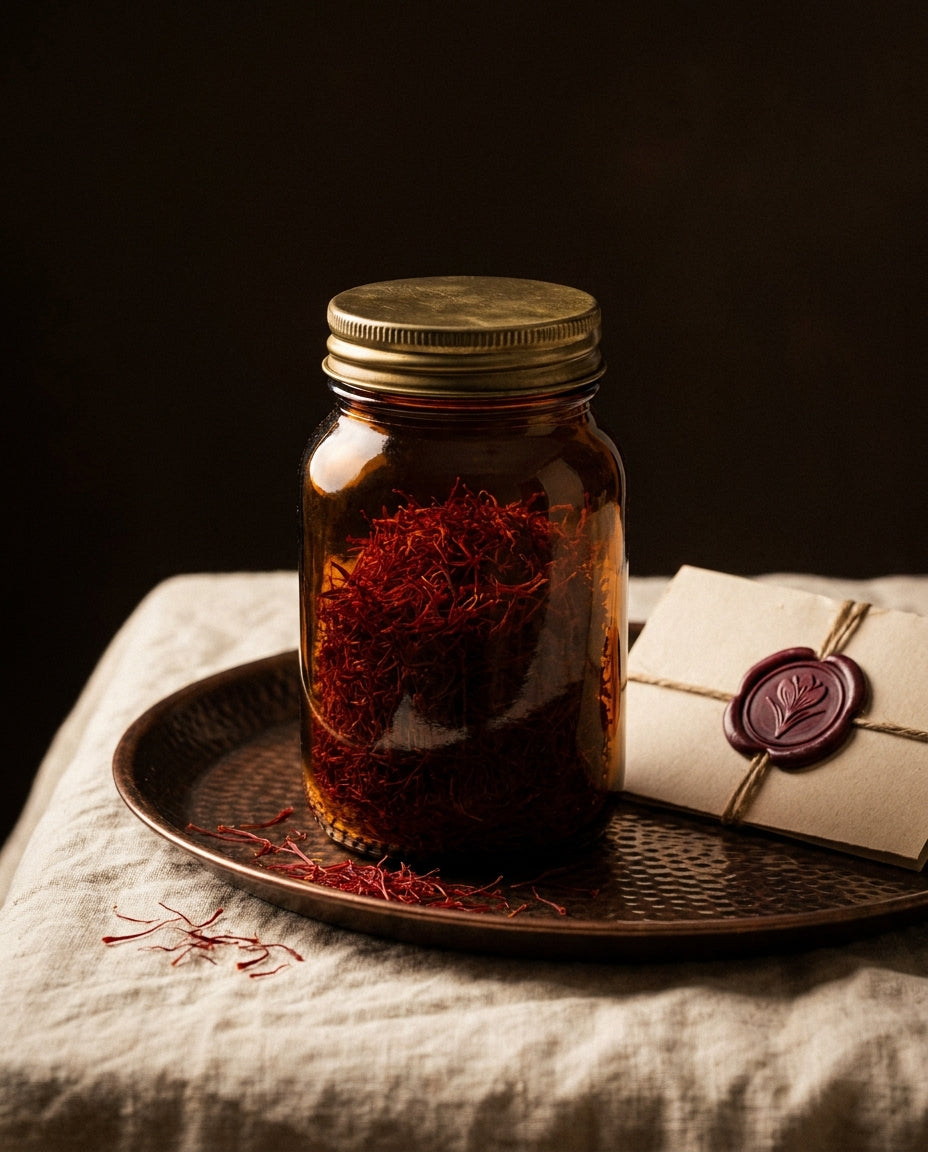 Glass bottle of Raihan Super Negin saffron beside a wax-sealed card on a copper tray